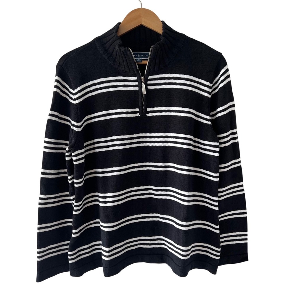 Karen Scott Black White Striped Quarter Zip Cotton Sweater XL Casual Preppy
